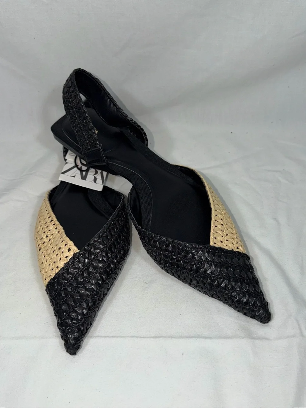 Zara Woven Raffia Slingback Flats NWT Black Beige Pointed Toe Flat Sandal 39 8 - Picture 6 of 7
